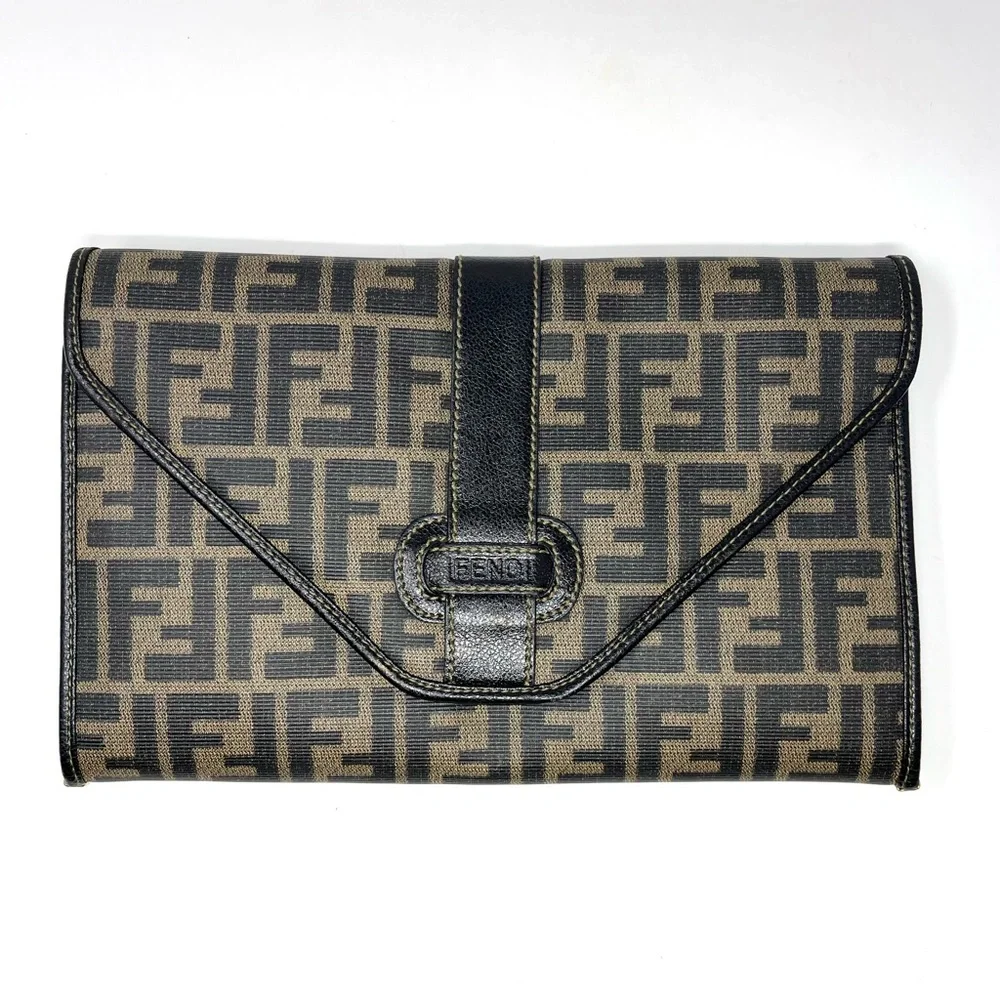 Vintage Fendi Brown Zucca FF Logo Monogram Canvas Shoulder Crossbody Clutch Bag